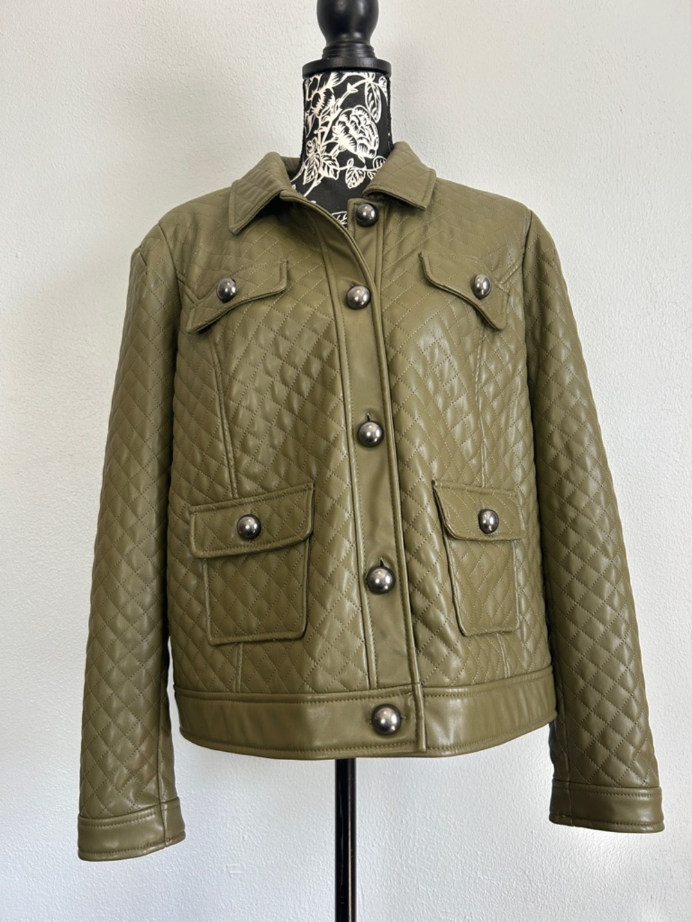G by Giuliana Black Label Quilted Faux Leather Jacket Olive Green X-Large